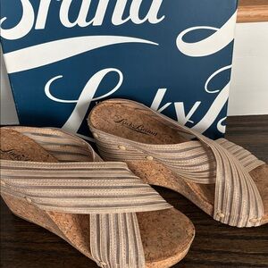 Lucky Brand Miller Cork Wedge Platinum Striped Tan Y2K sandle open toe